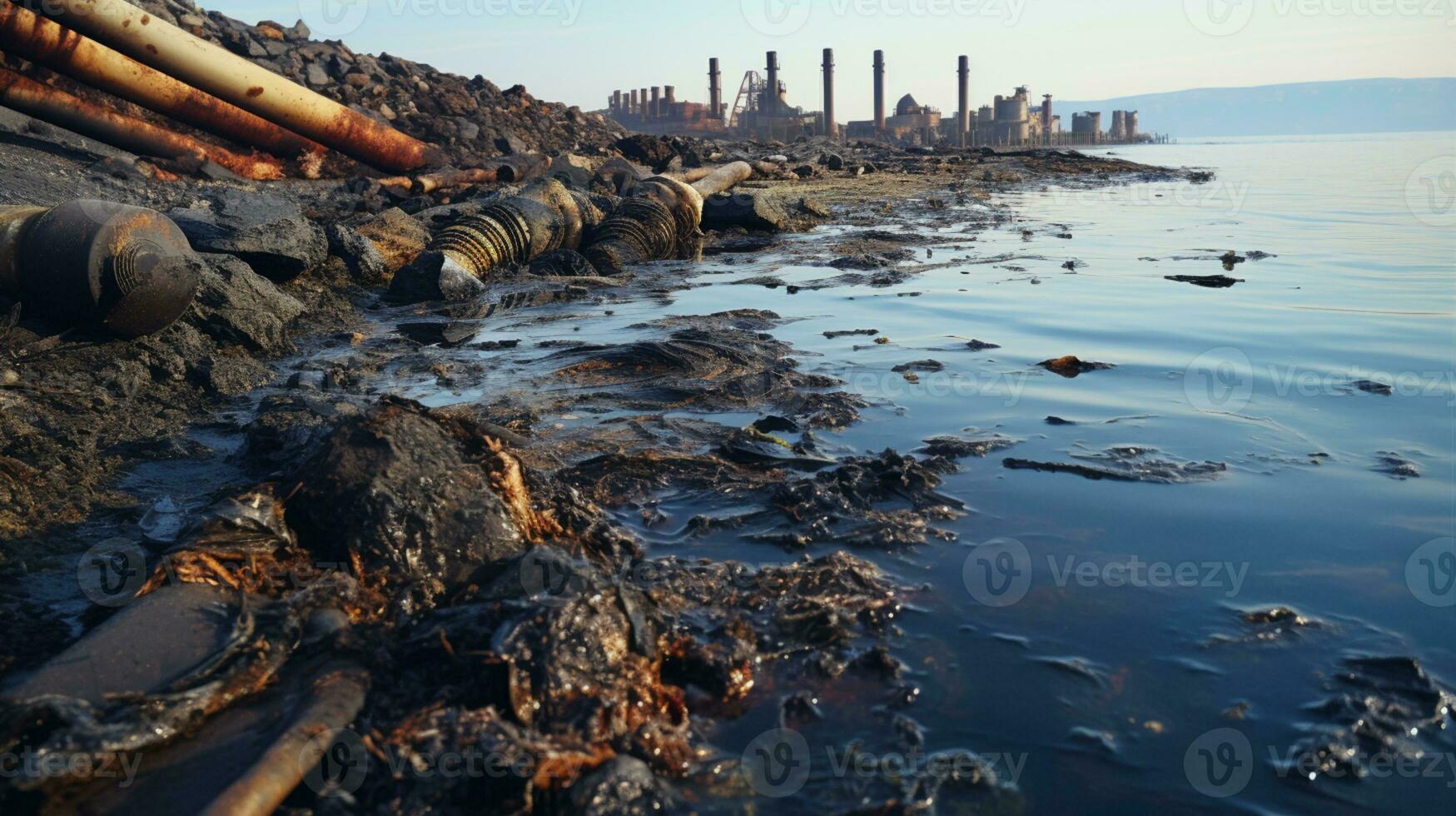 Contaminated water concept, Dirty water flows from the pipe into the river, sea, Water pollution, environment contamination, AI Generative photo