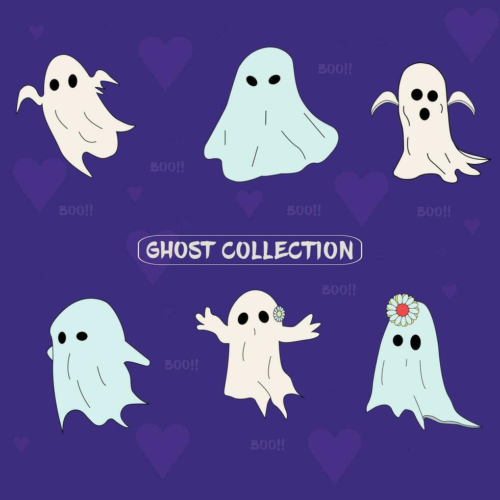 Set of Ghost Flat Design Halloween ghosts. Halloween scary ghostly monsters. Cute cartoon spooky characters. Hand drawn changeable face Boo scary face. vector