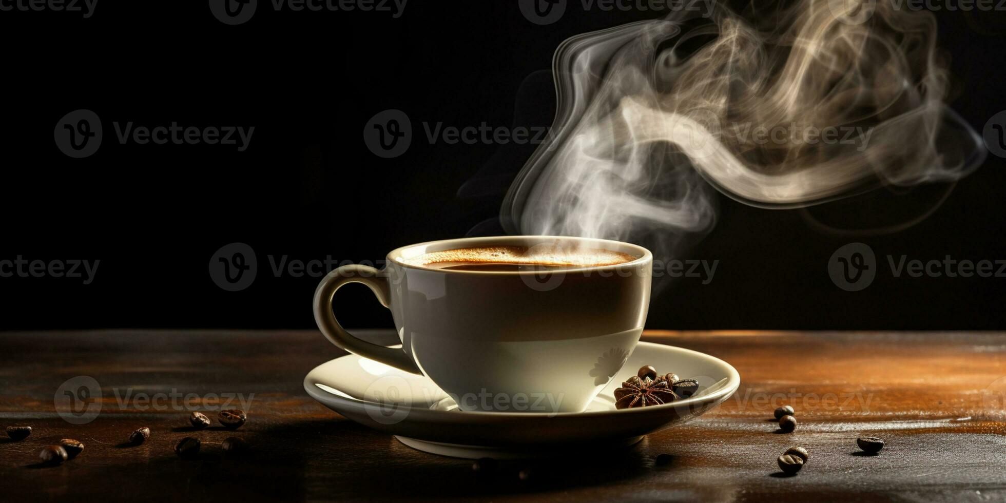 Refreshing Cup of hot Coffee on a table isolated on black background, copy space, cozy warm mood, AI Generative photo