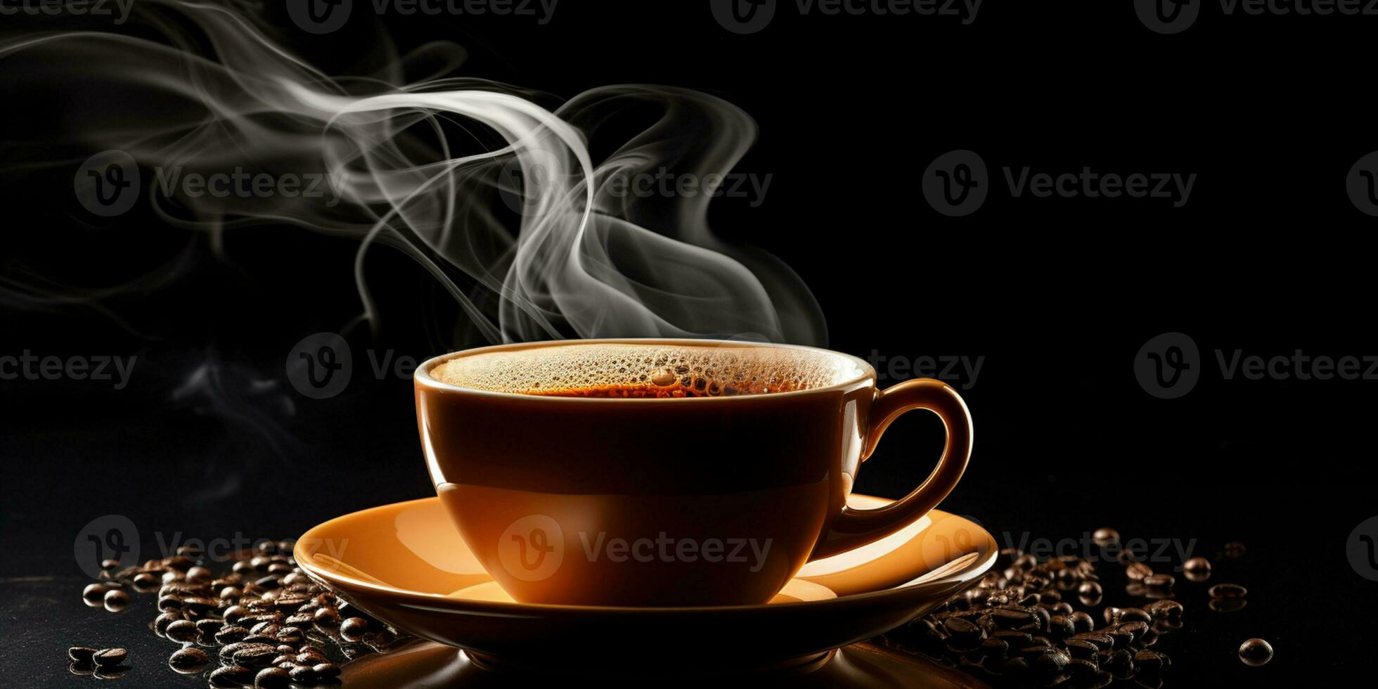 Refreshing Cup of hot Coffee on a table isolated on black background, copy space, cozy warm mood, AI Generative photo