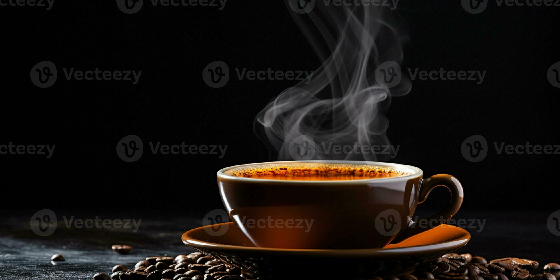 refrescante taza de caliente café en un mesa aislado en negro fondo, Copiar espacio, acogedor calentar ánimo, ai generativo foto