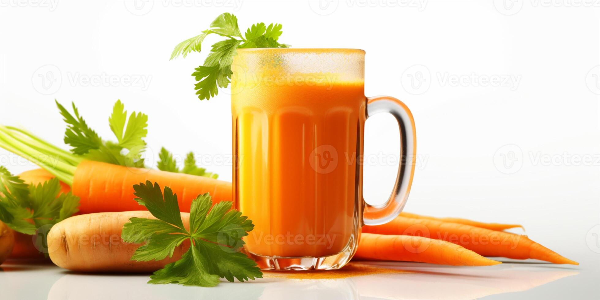 close up of Fresh Carrot Juice with vegetables, isolated on white