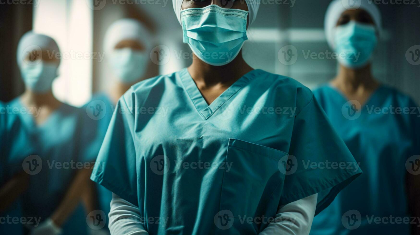 Medical doctor, cross arm, close - up on chest area, clinic, hospital room as background, AI Generated photo