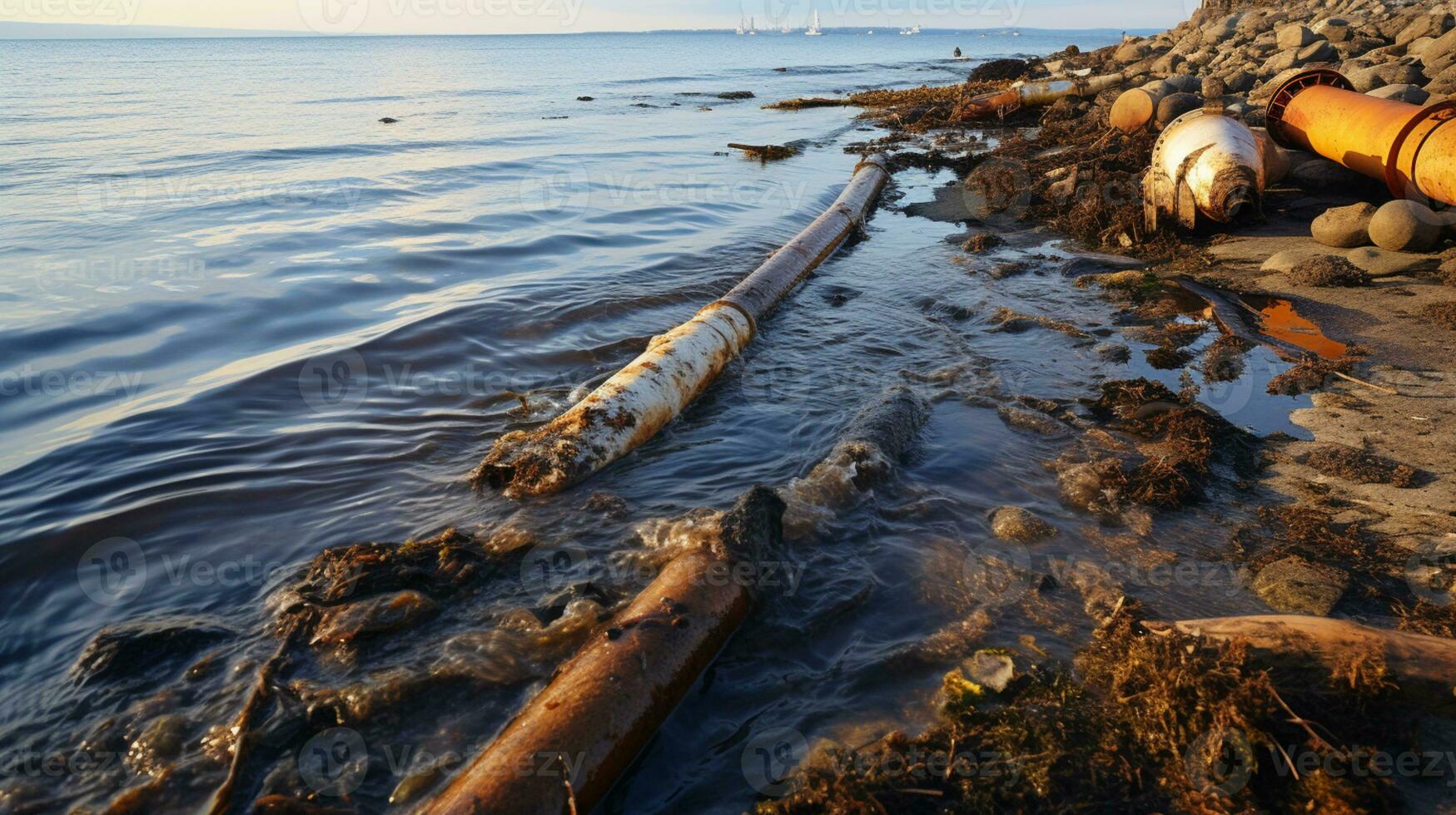 Contaminated water concept, Dirty water flows from the pipe into the river, sea, Water pollution, environment contamination, AI Generative photo