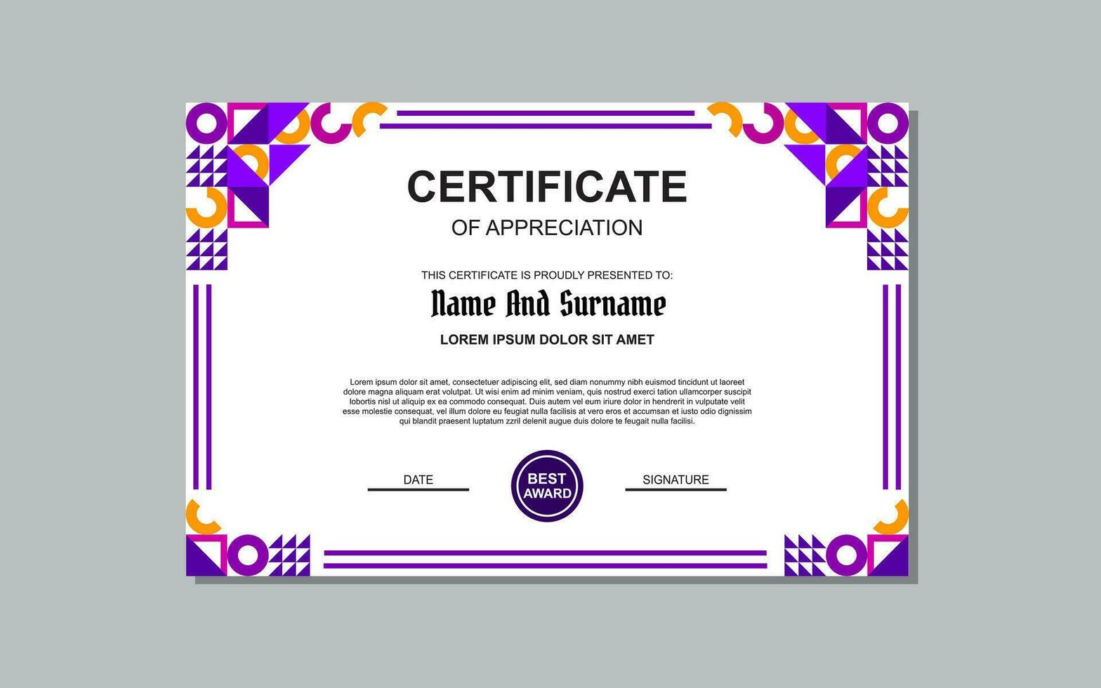 certificate template in purple color and modern style for award. vector