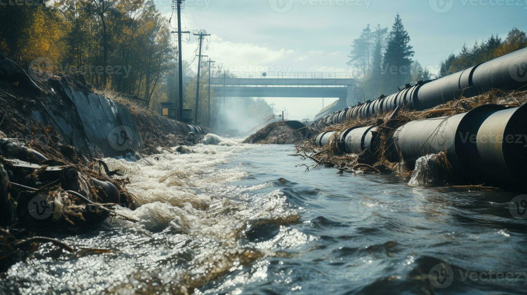 Contaminated water concept, Dirty water flows from the pipe into the river, Water pollution, environment contamination, AI Generative photo