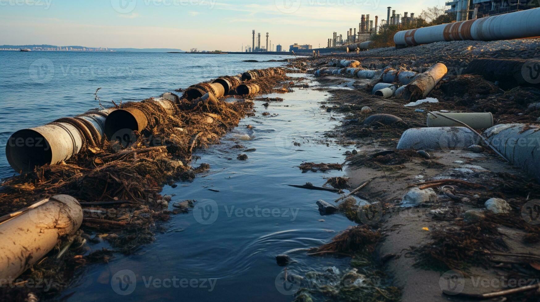 Contaminated water concept, Dirty water flows from the pipe into the river, sea, Water pollution, environment contamination, AI Generative photo