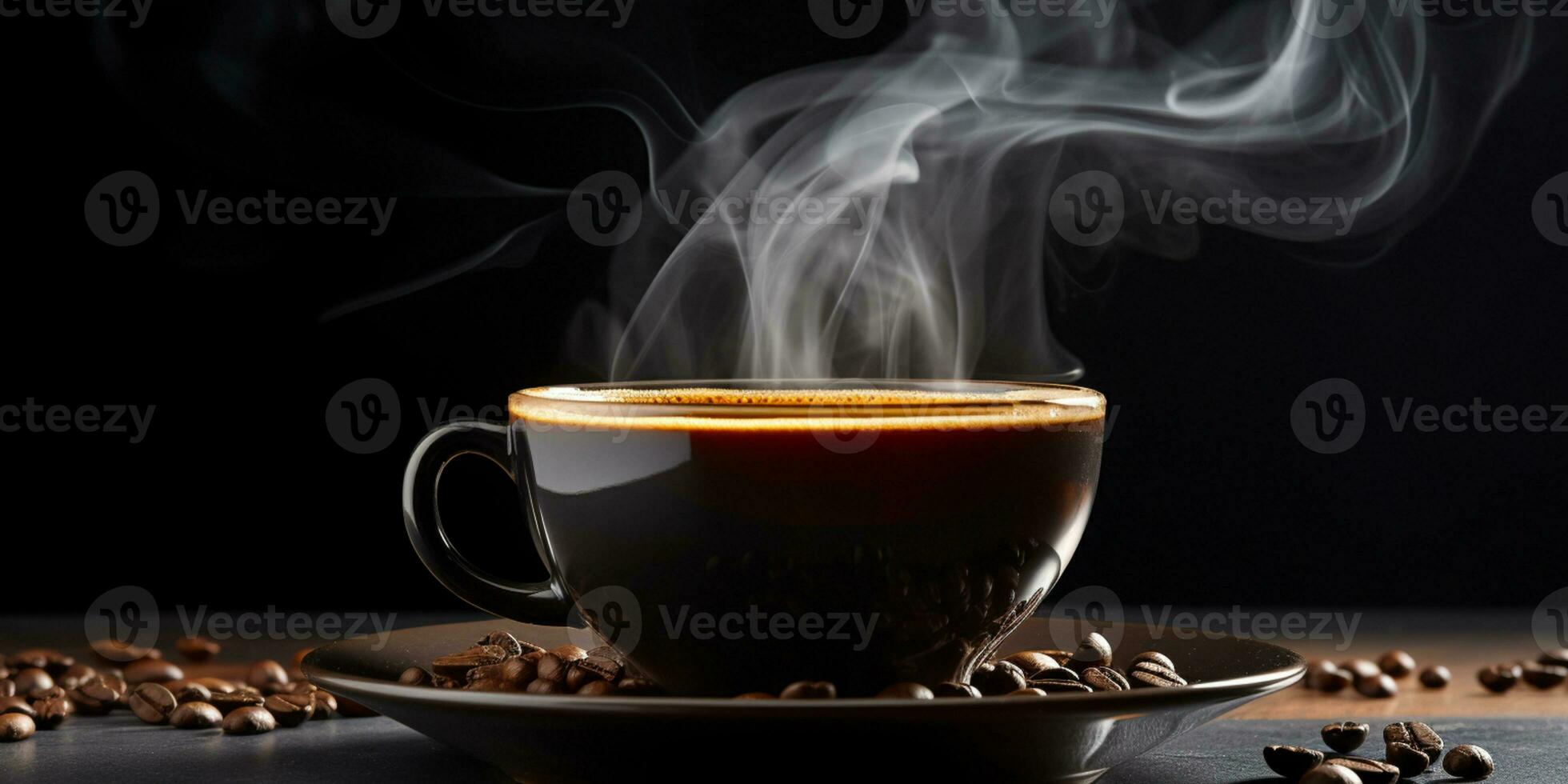 Refreshing Cup of hot Coffee on a table isolated on black background, copy space, cozy warm mood, AI Generative photo