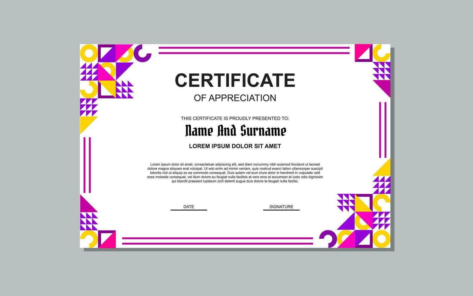 certificate template in pink color and modern style for award. vector