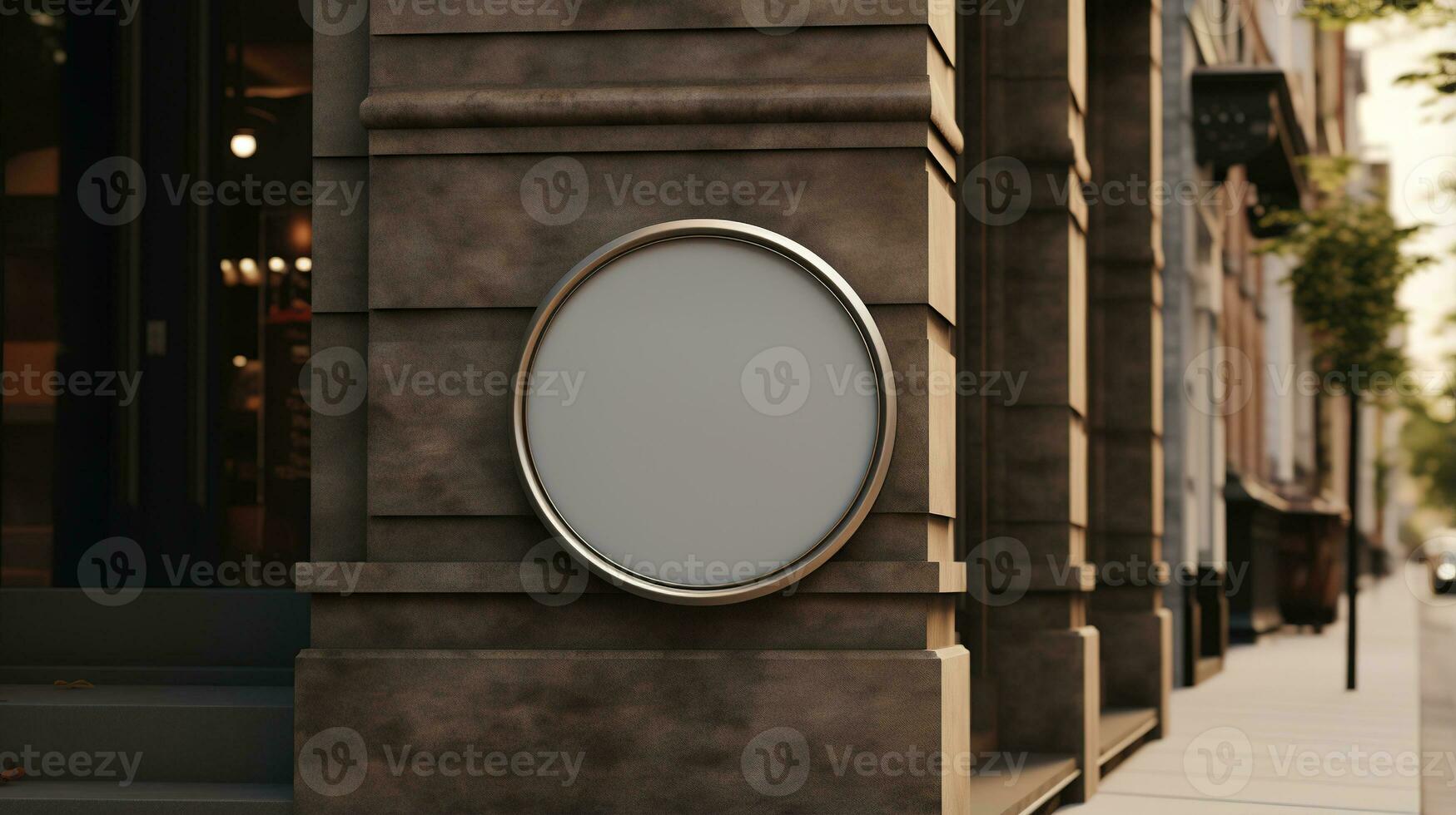 Generative AI, coffee shop street signboard mock up for logo design, brand presentation, aesthetic muted neutral colors, on the wall outdoor photo