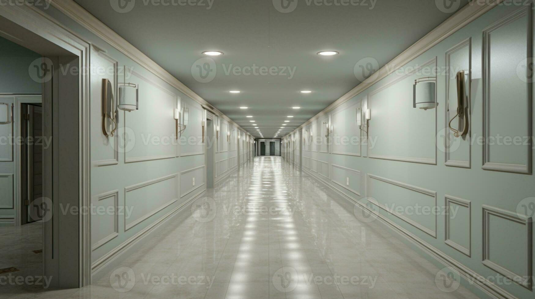 End of a long hallway Interior design, liminal space, hyper-realistic, AI Generated photo