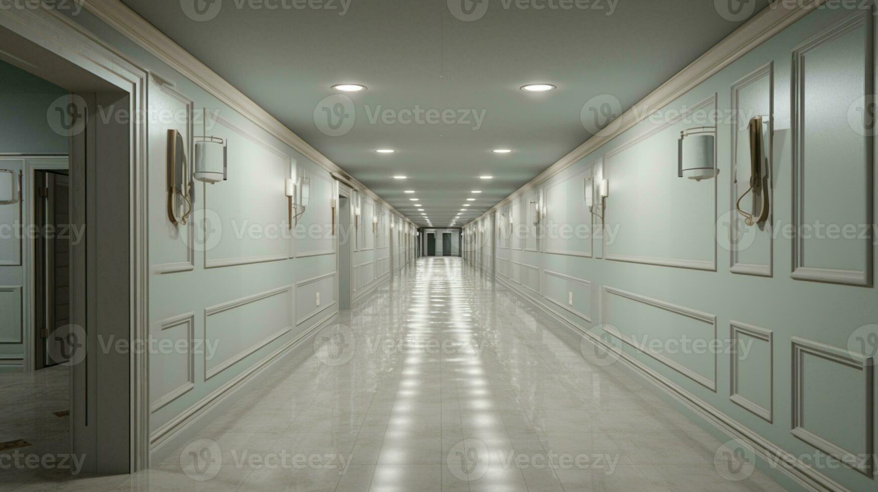 End of a long hallway Interior design, liminal space, hyper-realistic, AI Generated photo