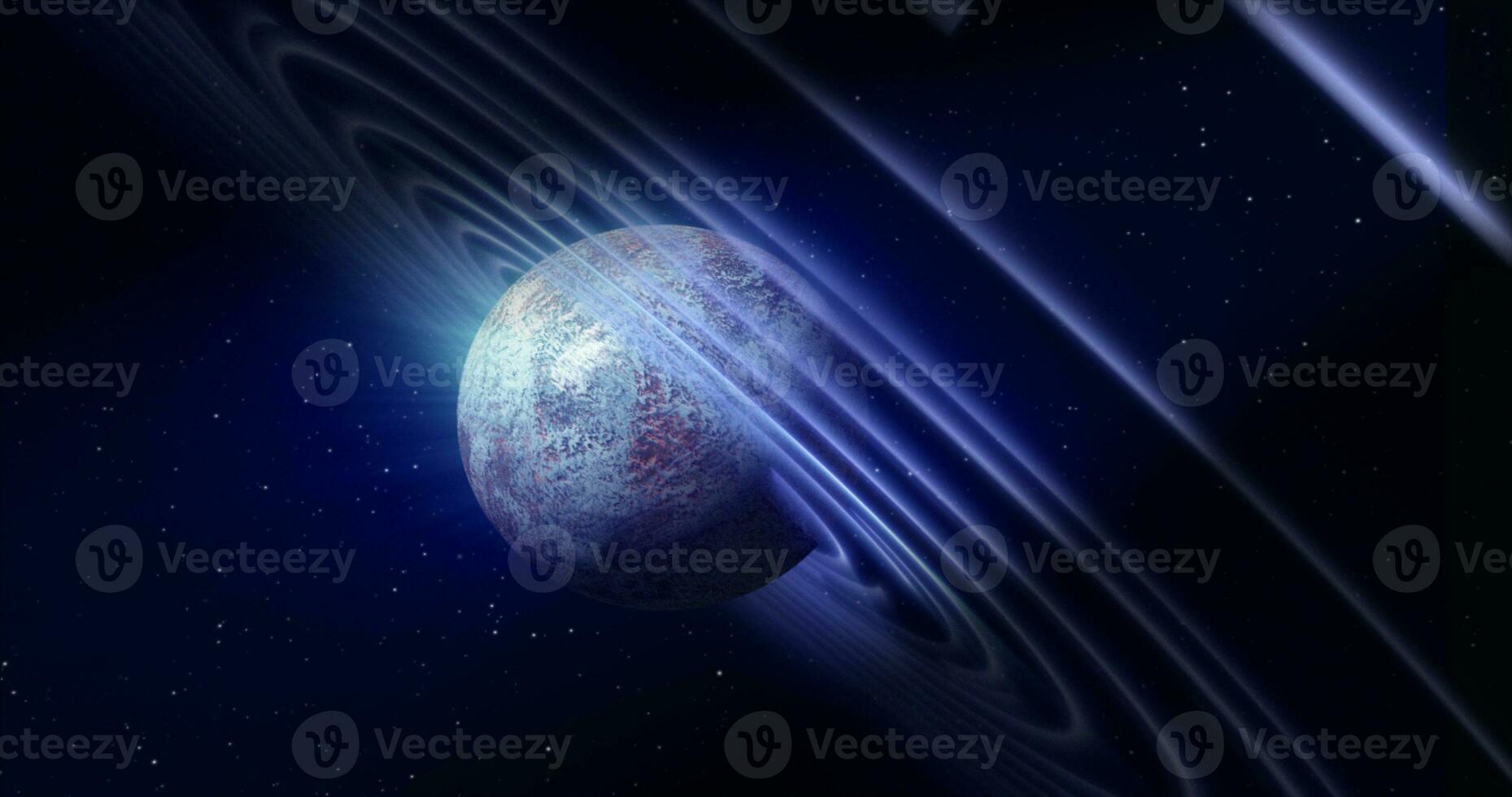 Abstract blue space planet with a round asteroid belt ring futuristic hi-tech on the background of stars in open space photo