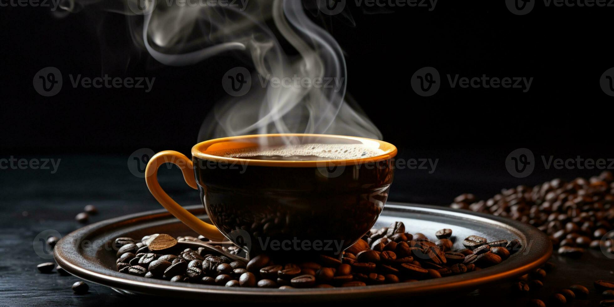 Refreshing Cup of hot Coffee on a table isolated on black background, copy space, cozy warm mood, AI Generative photo