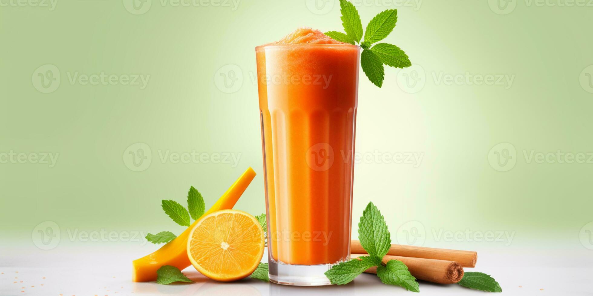 close up of Fresh Carrot Juice with vegetables, isolated on white background, copy space, AI Generative photo