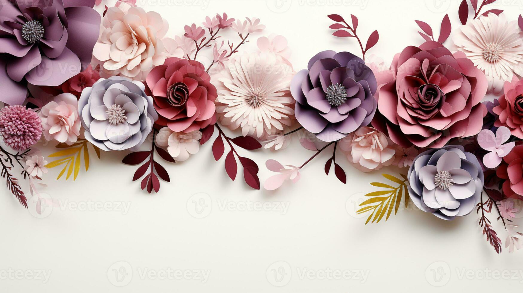 Top view of Blooming colorful flowers and petals isolated on table background, Floral frame composition, copy space, flat lay, AI Generative photo