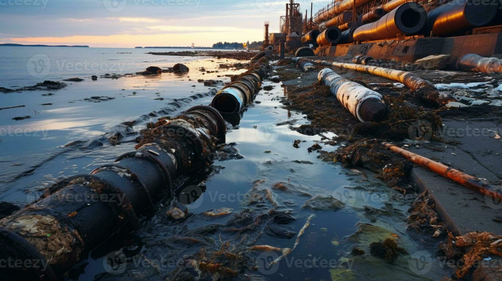Contaminated water concept, Dirty water flows from the pipe into the river, sea, Water pollution, environment contamination, AI Generative photo