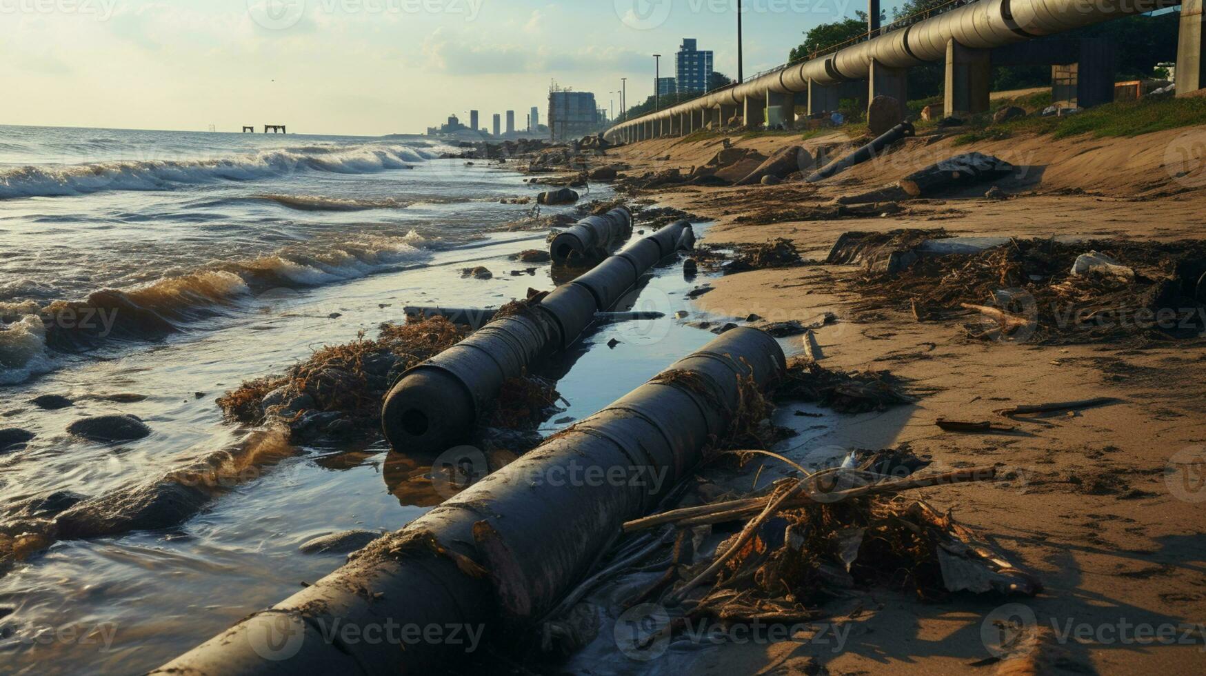 Contaminated water concept, Dirty water flows from the pipe into the river, sea, Water pollution, environment contamination, AI Generative photo