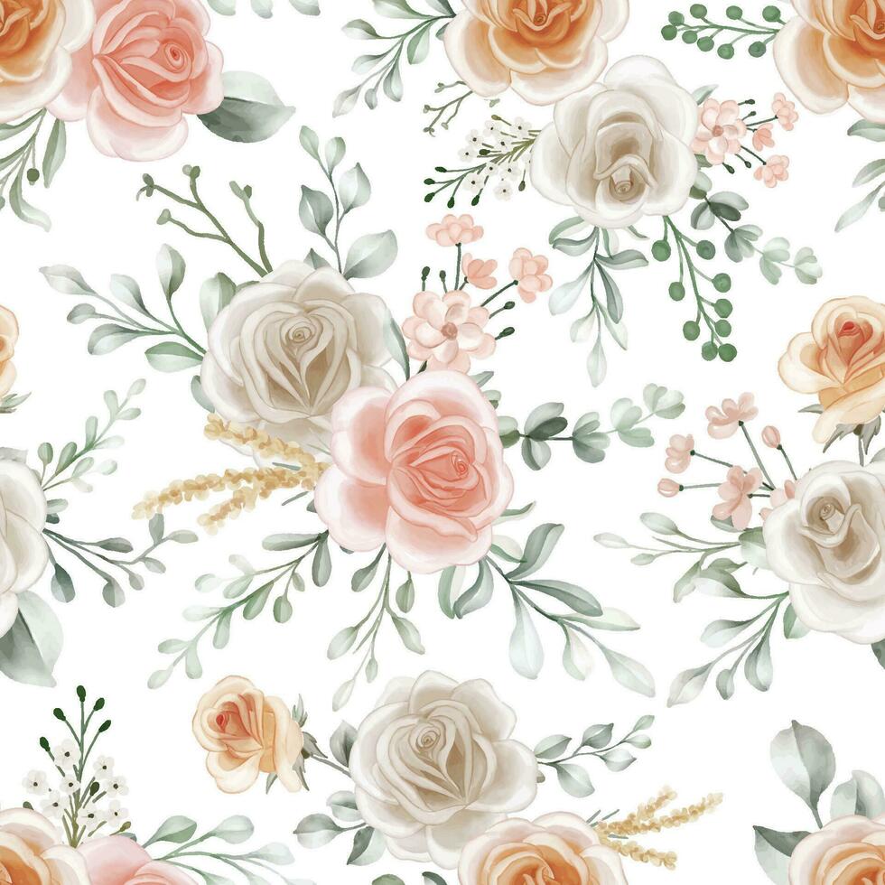 Shades of Peach, Soft Orange and White Roses Seamless Pattern Background vector