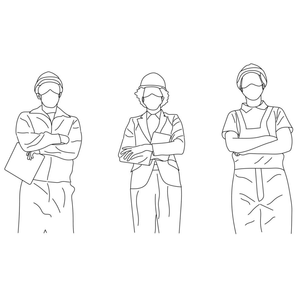 Line art of teamwork concept with architects isolated on a white background. vector