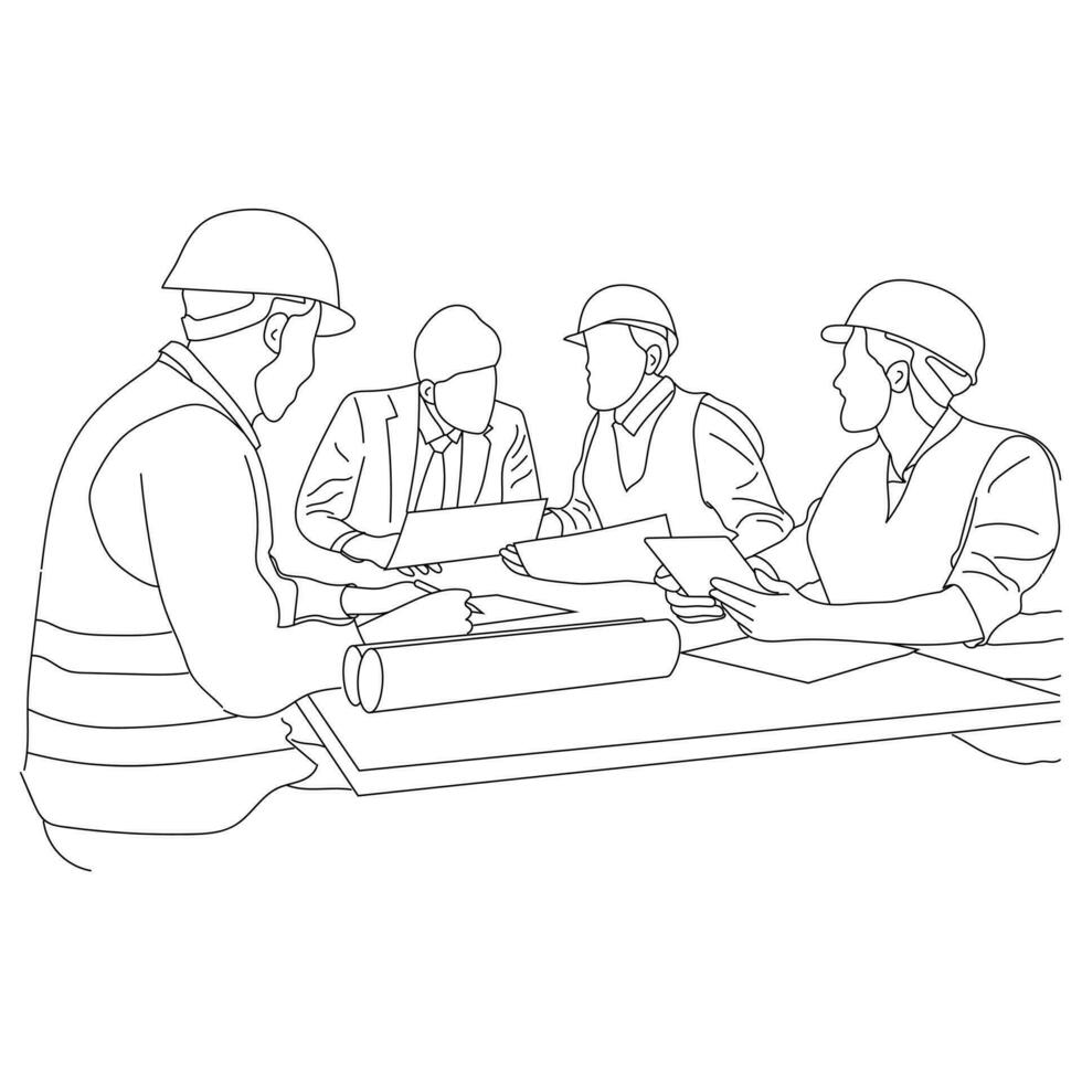 Line art of architect-engineer discusses construction project in a meeting room vector