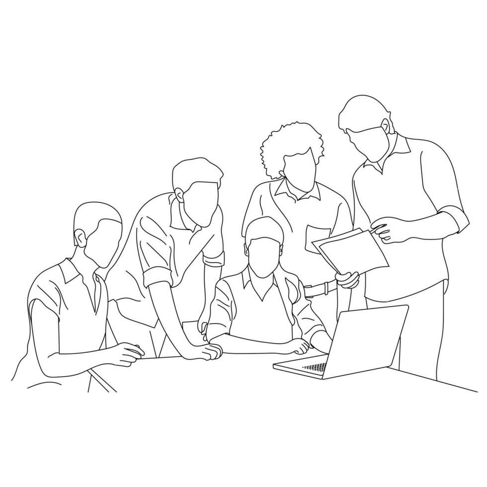 vector negocio reunión discusión Entre trabajadores en café redondo mesa dibujos animados línea Arte
