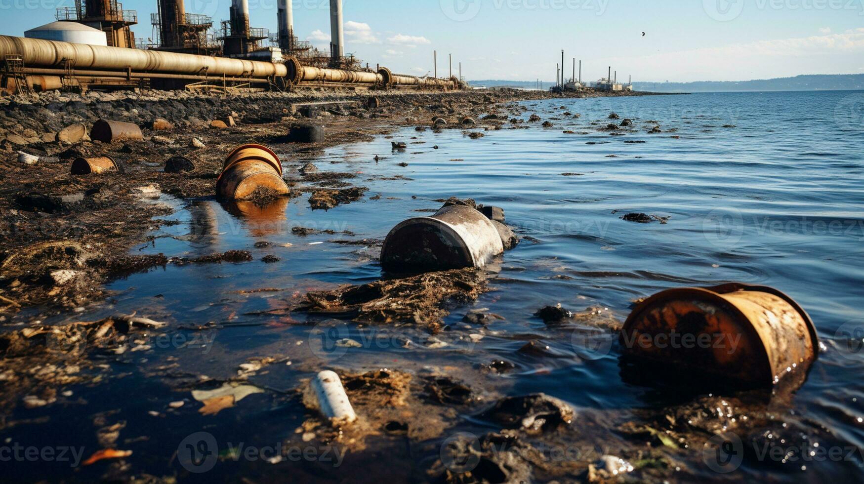 Contaminated water concept, Dirty water flows from the pipe into the river, sea, Water pollution, environment contamination, AI Generative photo