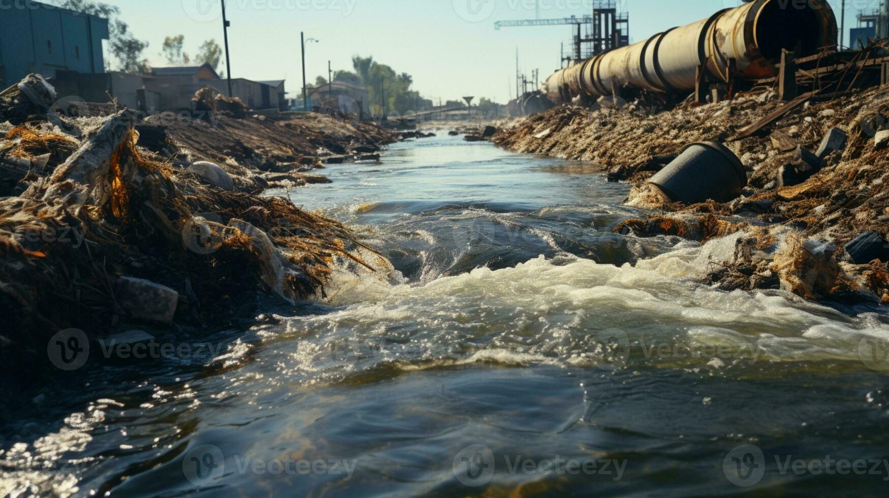 Contaminated water concept, Dirty water flows from the pipe into the river, Water pollution, environment contamination, AI Generative photo