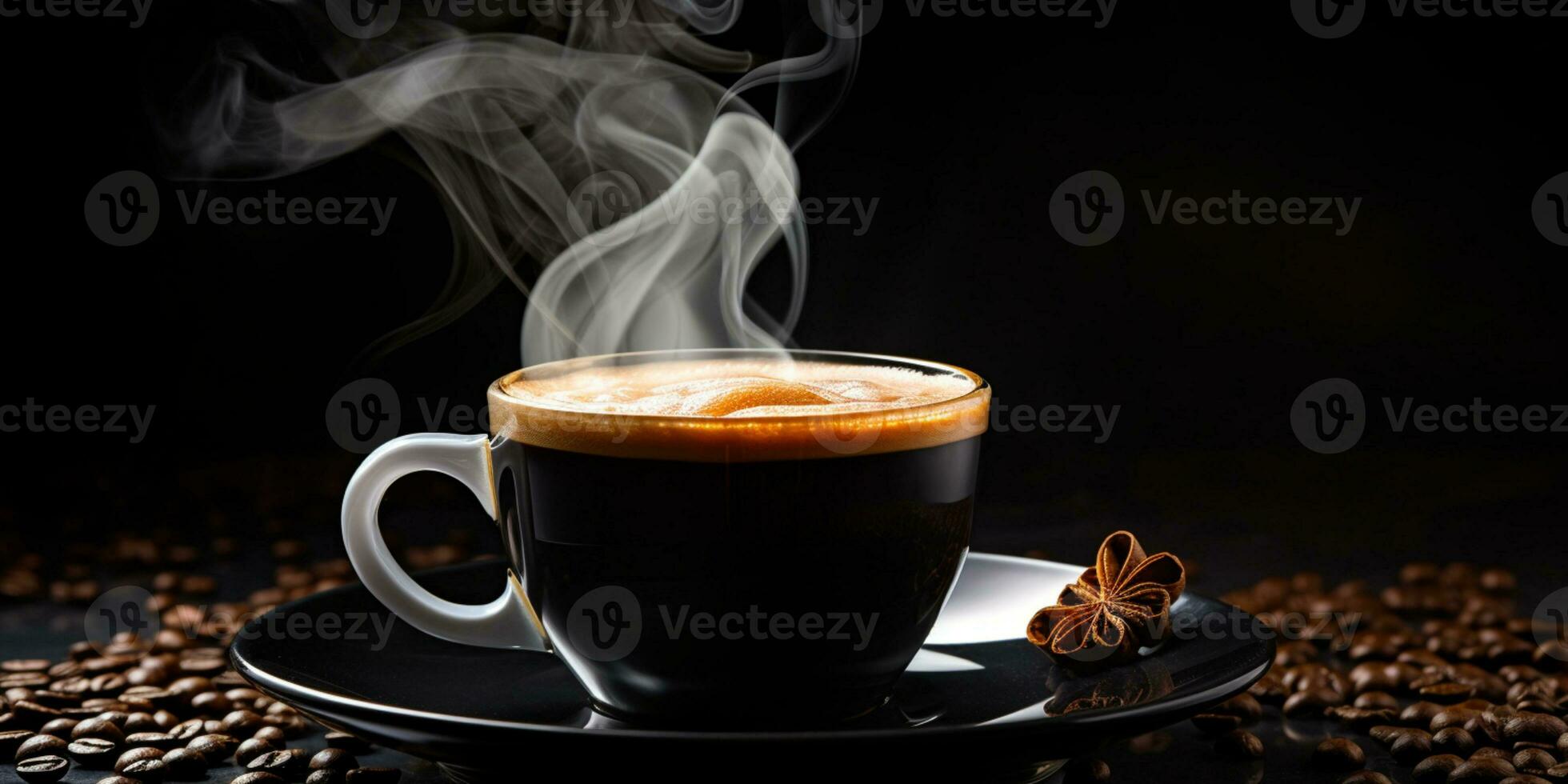 Refreshing Cup of hot Coffee on a table isolated on black background, copy space, cozy warm mood, AI Generative photo