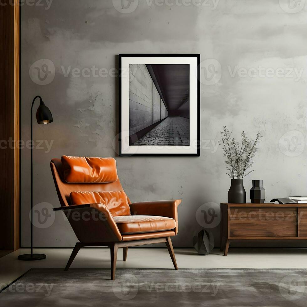 Modern simple man-cave with one picture frame on the wall, living room, photorealistic, AI Generated photo