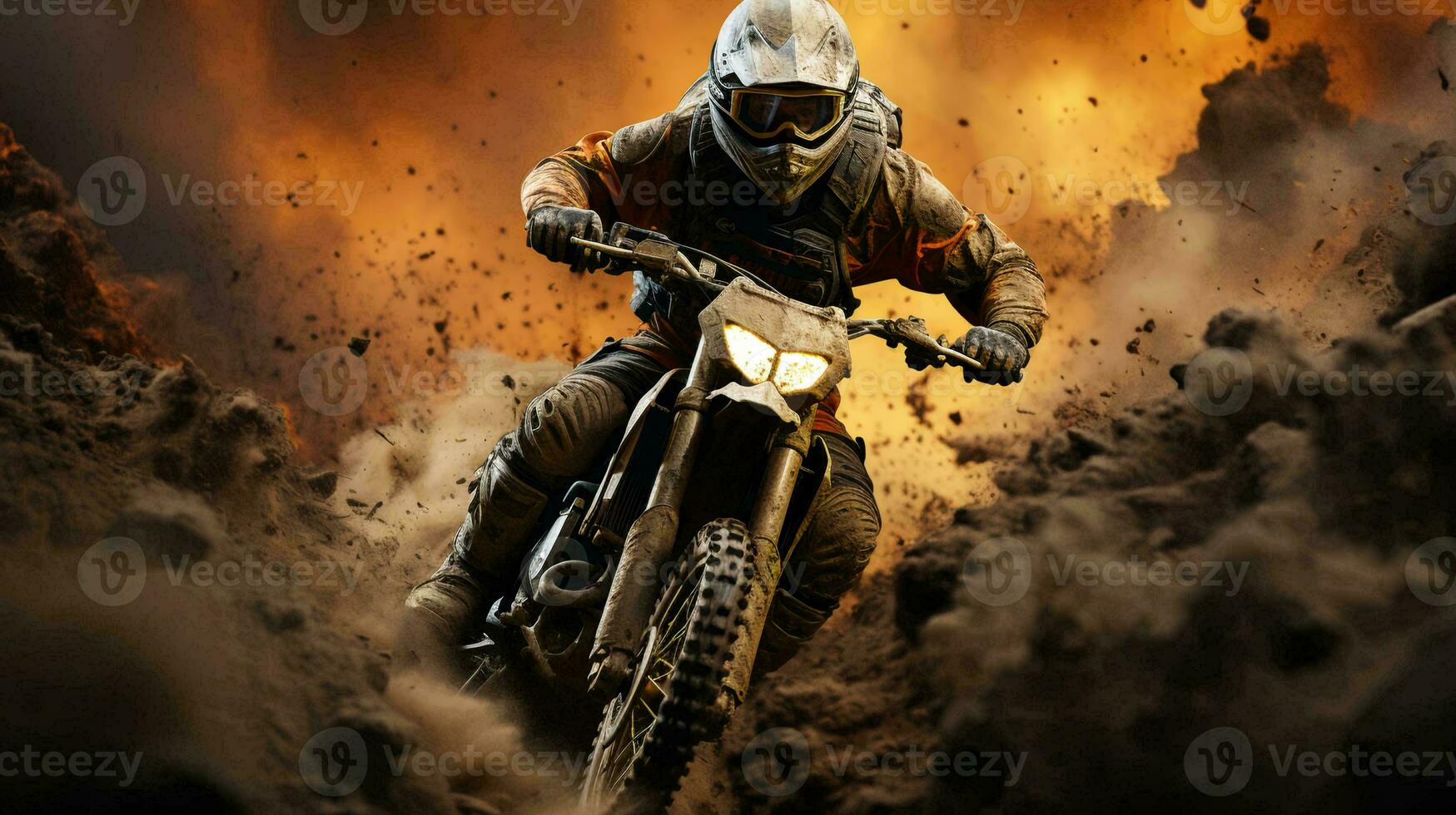 A motorcyclist on a motorcycle quickly rides through the dirt and dust on the track during a motocross competition photo