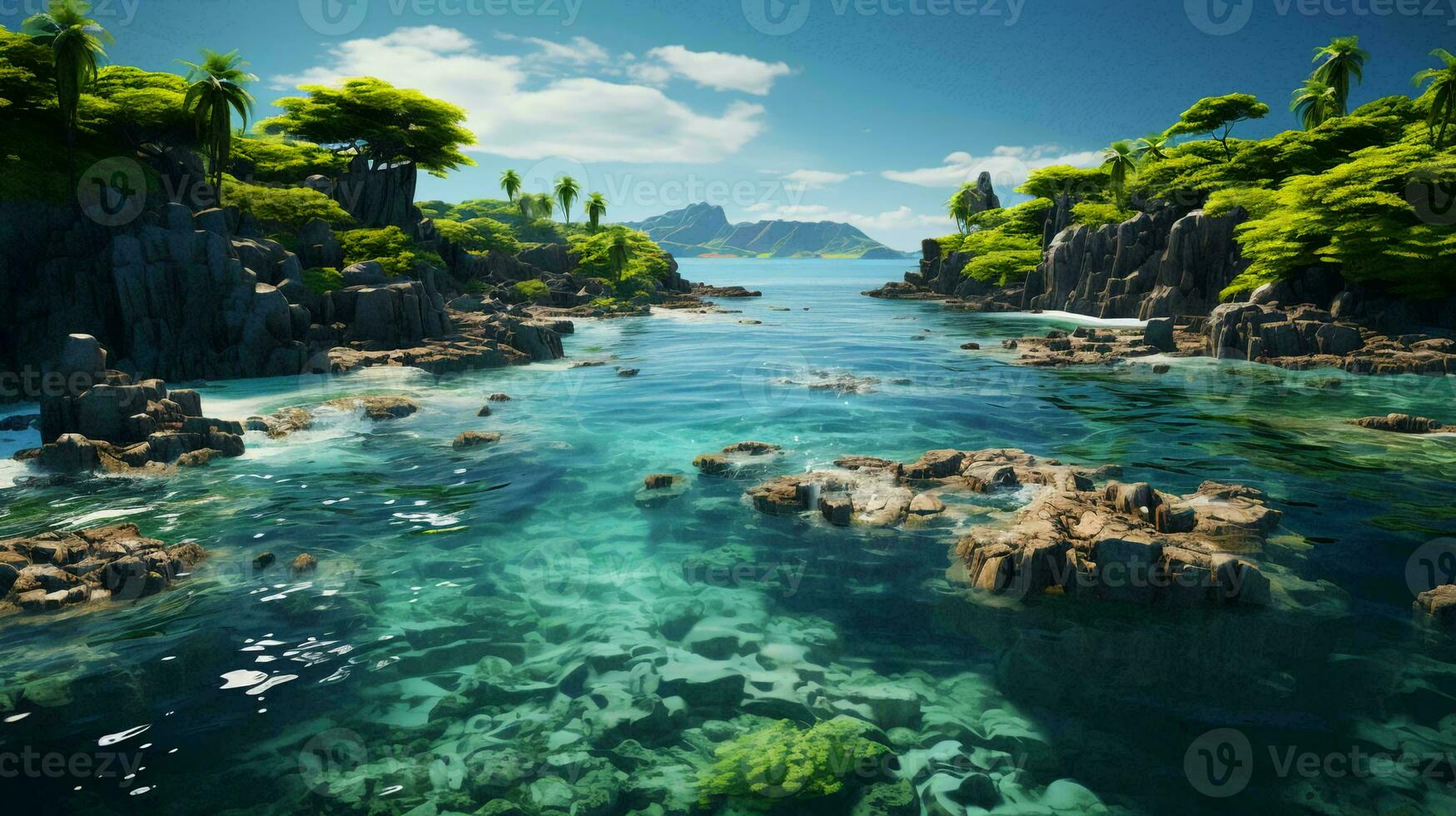 Paradise tropical green island with trees in a beach resort in the sea photo