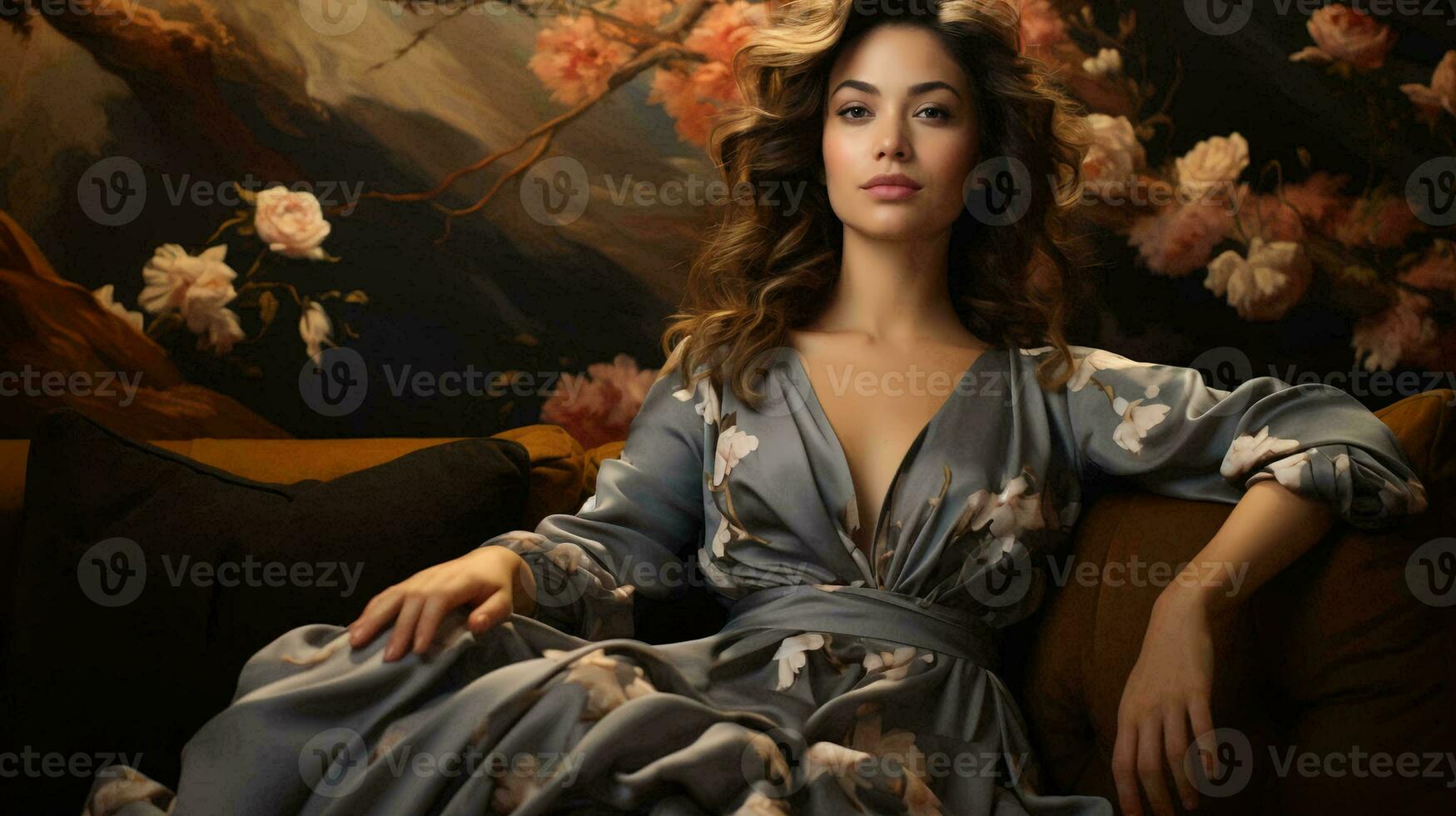 Beautiful young woman sitting on the sofa photo