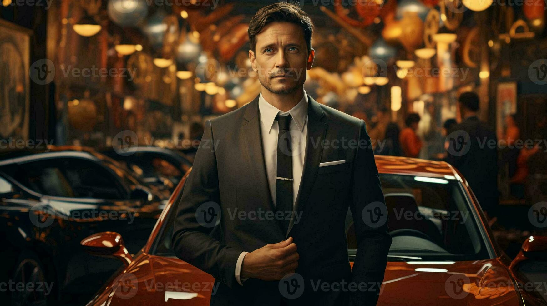 Handsome man in a suit, a manager in a car dealership selling cars photo