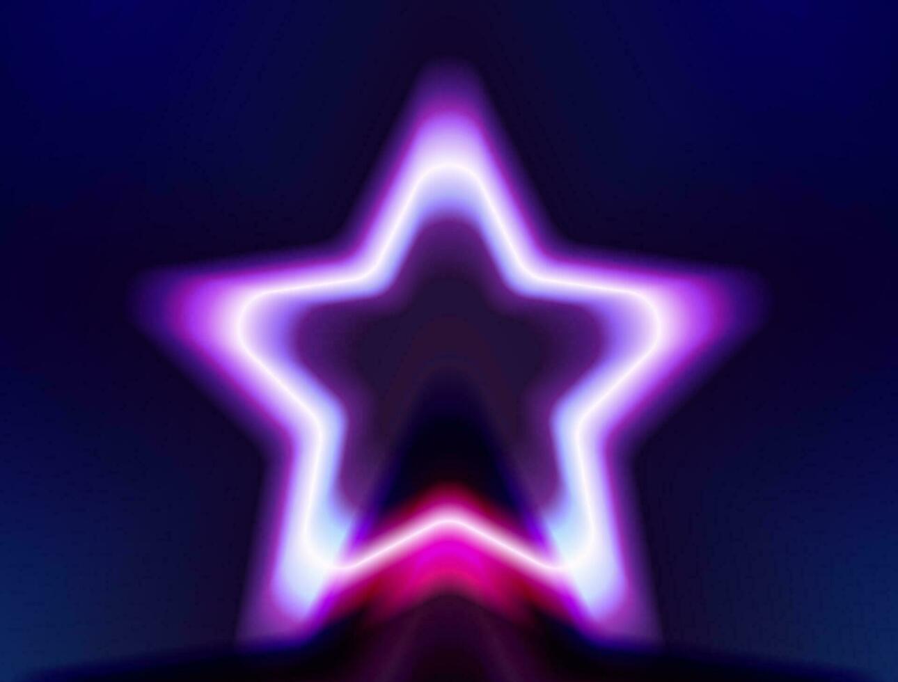 Abstract Neon Star stage. Electric Frame. 3d Retro Light Starry Signboard With Glowing Neon Effect. Techno Glowing Frame On Dark Blue Backdrop. Vector