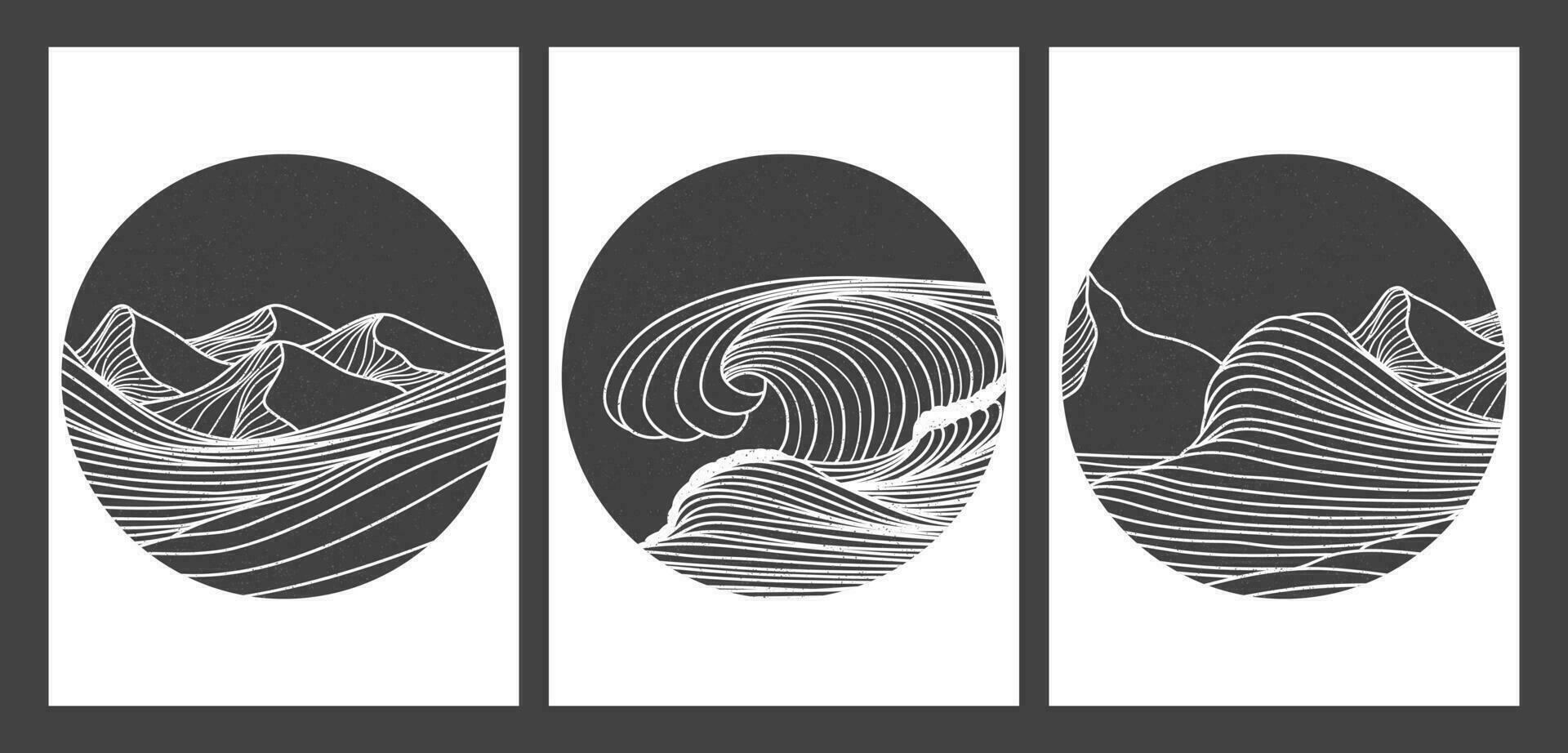 Set of Ocean wave and mountains landscape illustration. Round logos. Creative minimalist modern line art print. Abstract contemporary aesthetic backgrounds landscapes. with Ocean, hills, wave vector