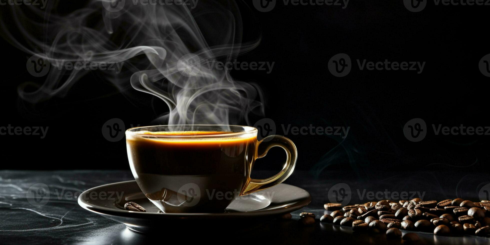 Refreshing Cup of hot Coffee on a table isolated on black background, copy space, cozy warm mood, AI Generative photo