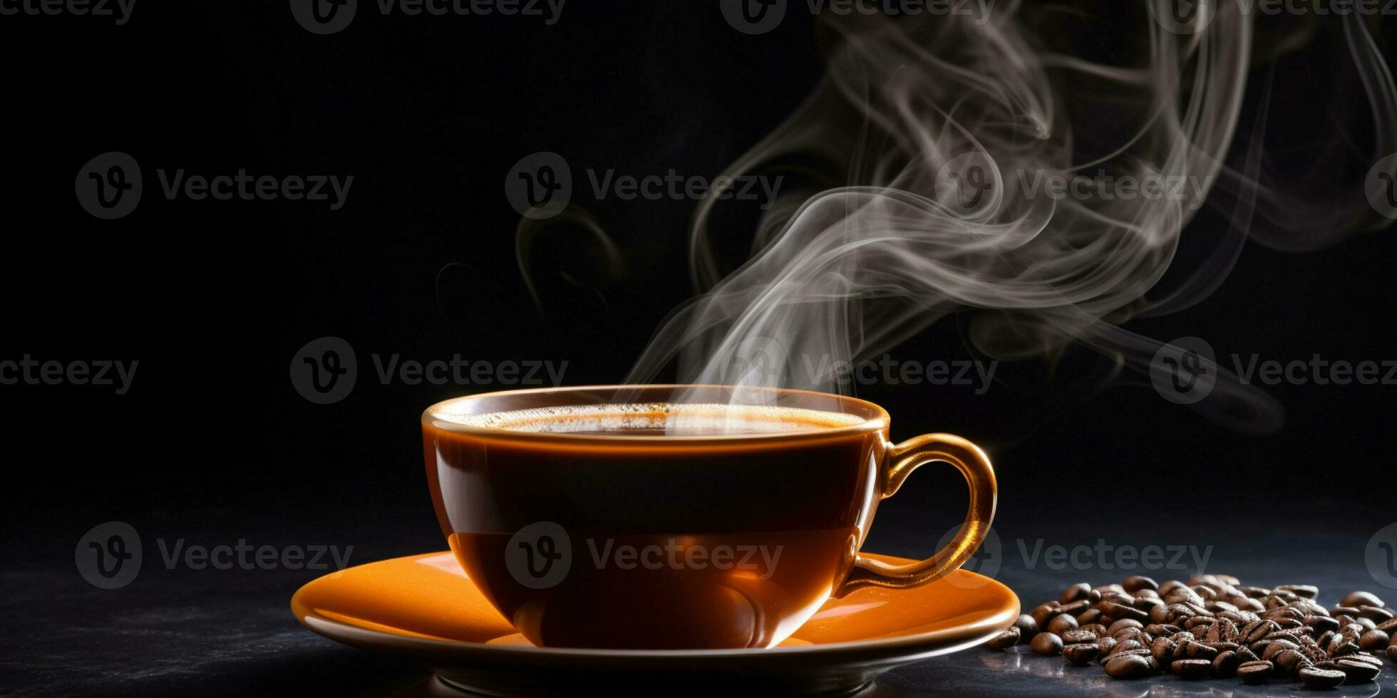 Refreshing Cup of hot Coffee on a table isolated on black background, copy space, cozy warm mood, AI Generative photo