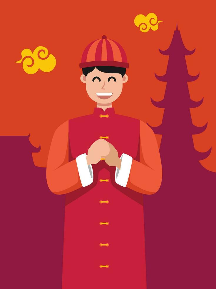 Flat illustration of a Chinese Man Celebrating Lunar New Year Vector Design.