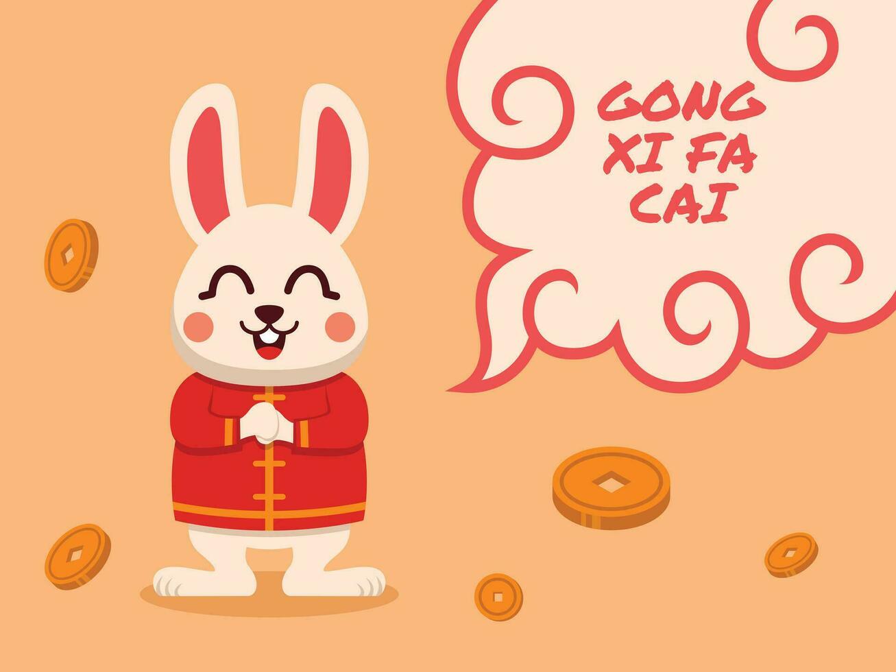 Flat Illustration of Cute Chinese Rabbit with Bubble Text Gong Xi Fa Cai. Vector Illustration.