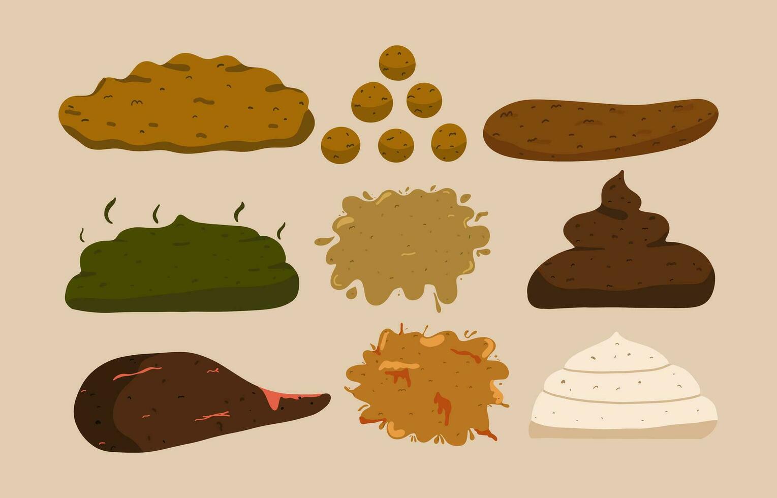 Set of types of feces. Diarrhea, constipation, normal poop, green and white stools, with blood and mucus, solid and liquid. Vector illustration in hand drawn style.