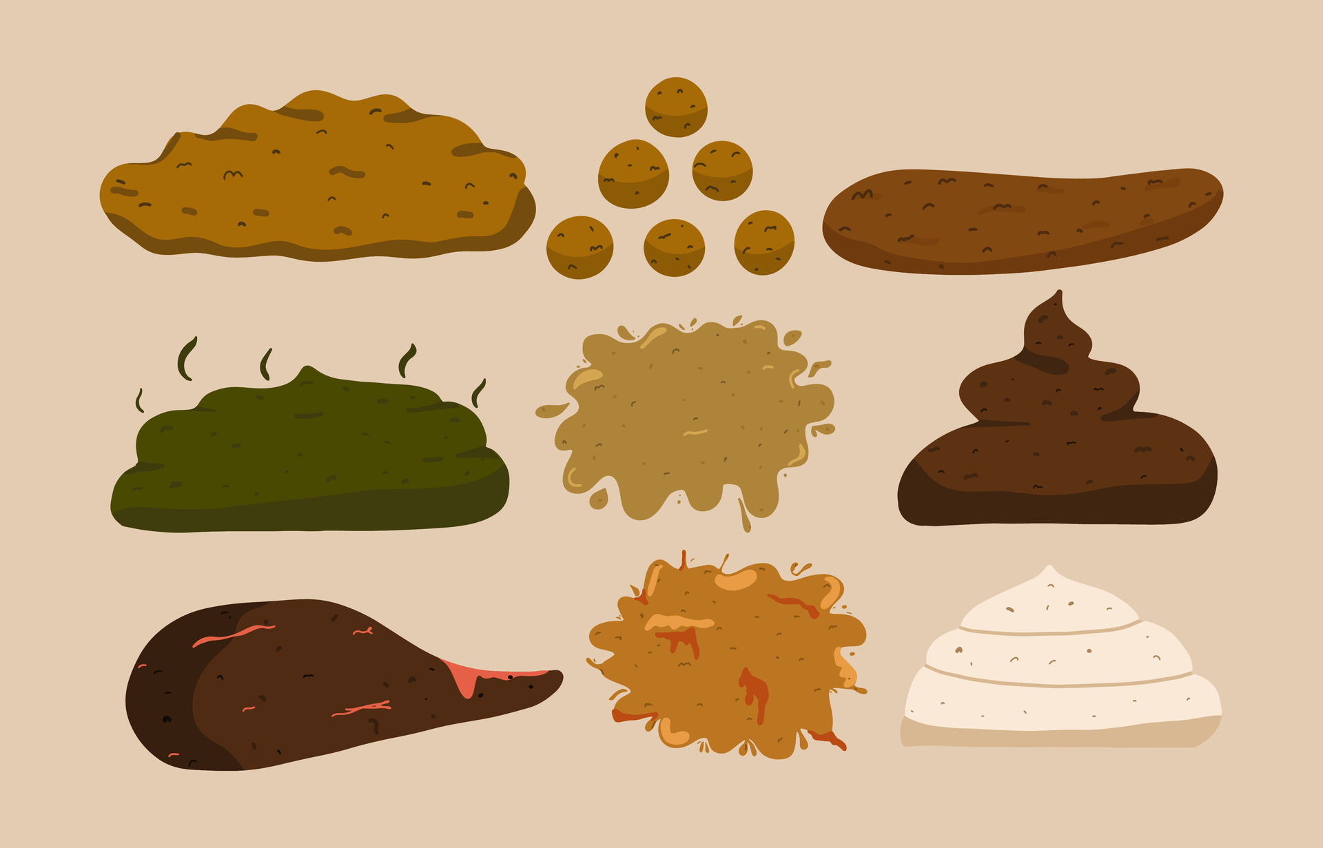 Set of types of feces. Diarrhea, constipation, normal poop, green and