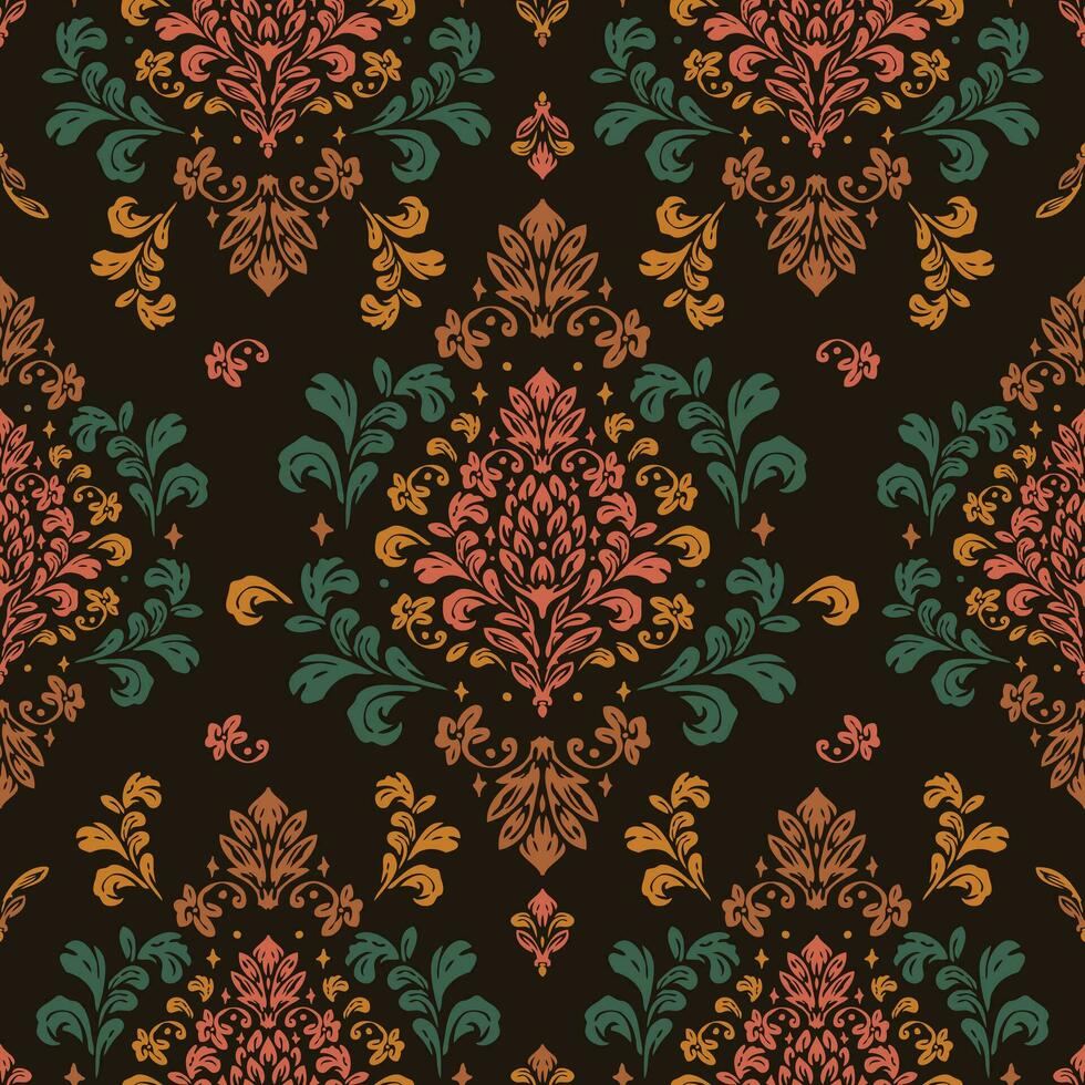 verde, naranja, rosa, oro, damasco sin costura modelo antecedentes. clásico lujo antiguo pasado de moda damasco ornamento, real victoriano sin costura textura vector