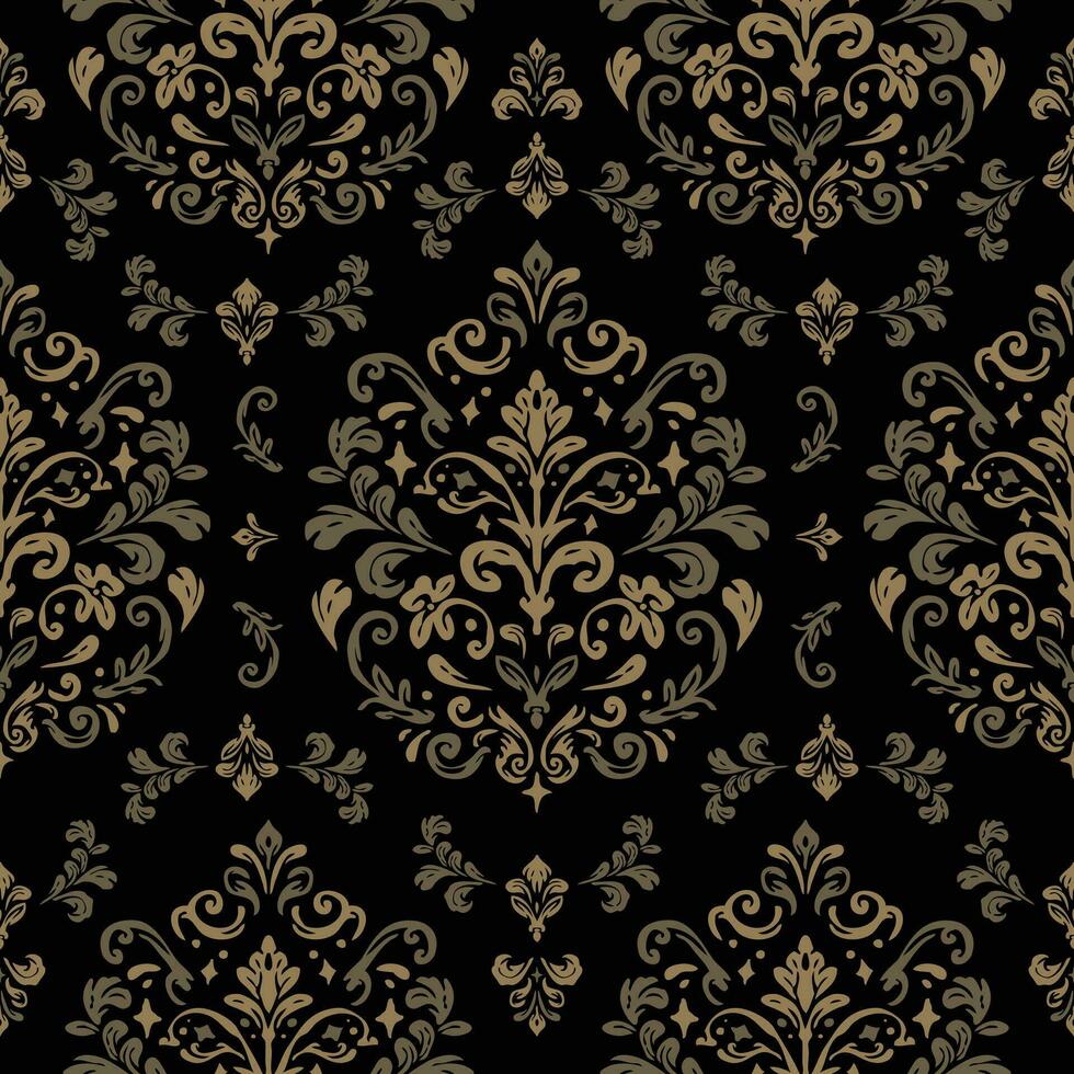 Brown And Gold Damask Seamless Vintage Pattern. Elegant Design in Royal Baroque Style Background Texture. Floral and Swirl Element. Brown Colors. Ideal for Textile Print and Wallpapers. vector