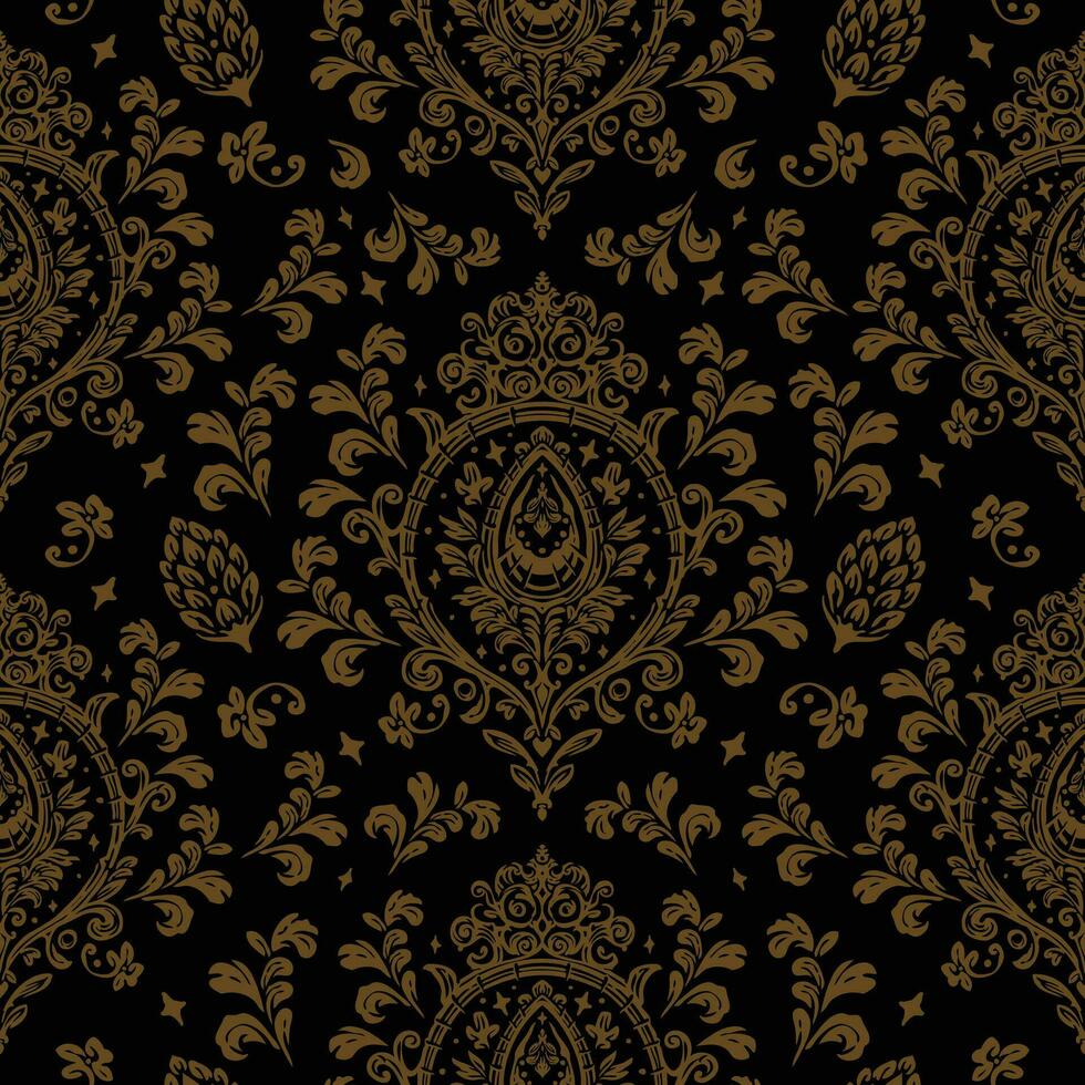 Golden damask baroque fabric pattern florals, Classical luxury old fashioned damask ornament, royal victorian seamless texture vector