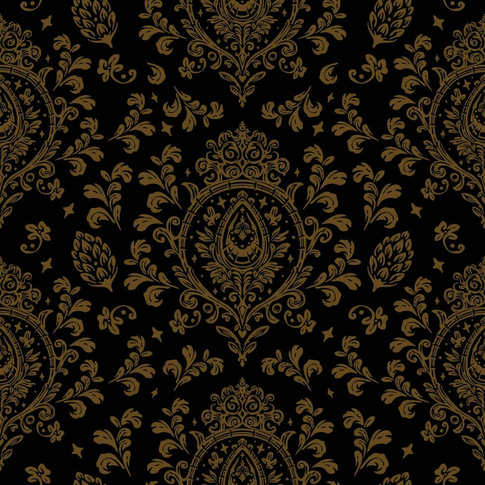 Golden damask baroque fabric pattern florals, Classical luxury old fashioned damask ornament, royal victorian seamless texture vector