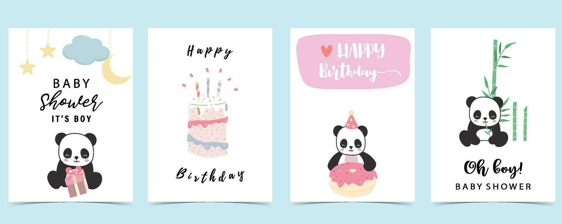 bebé ducha invitación tarjeta para chico con panda, pastel, bambú, cielo vector