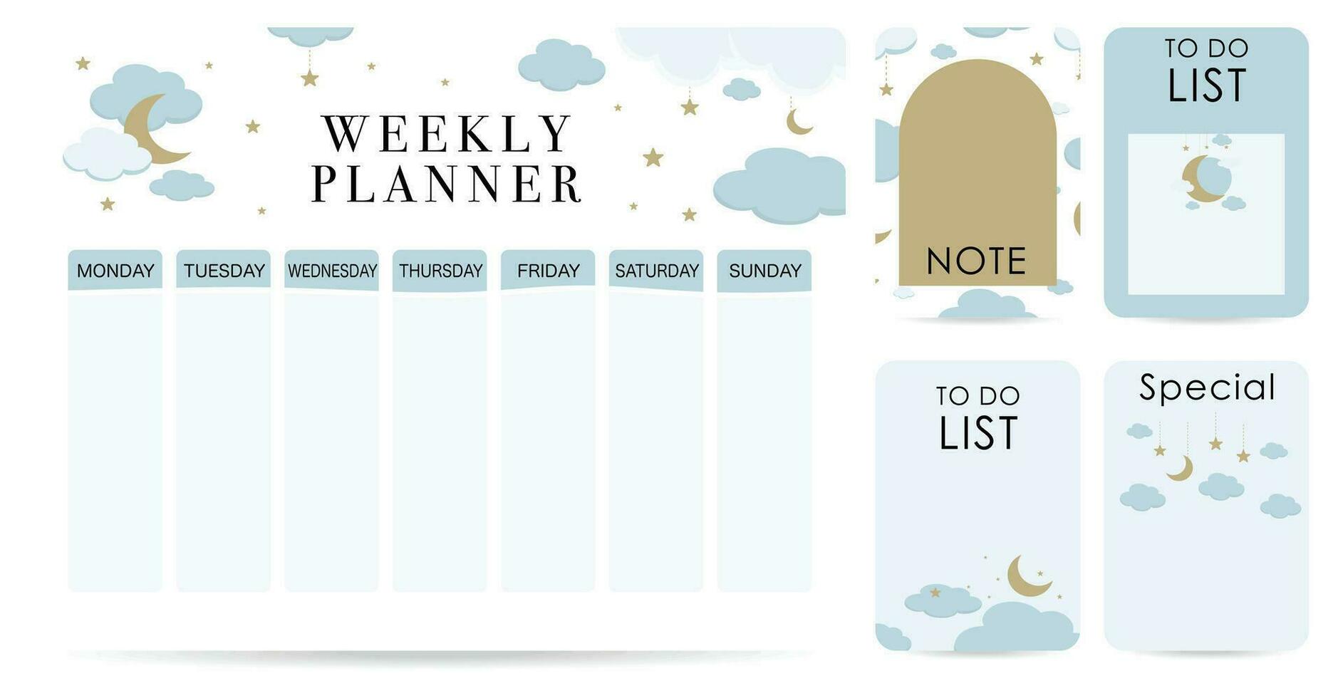 cute weekly planner background with cloud,moon,sky.Vector illustration for kid and baby.Editable element vector