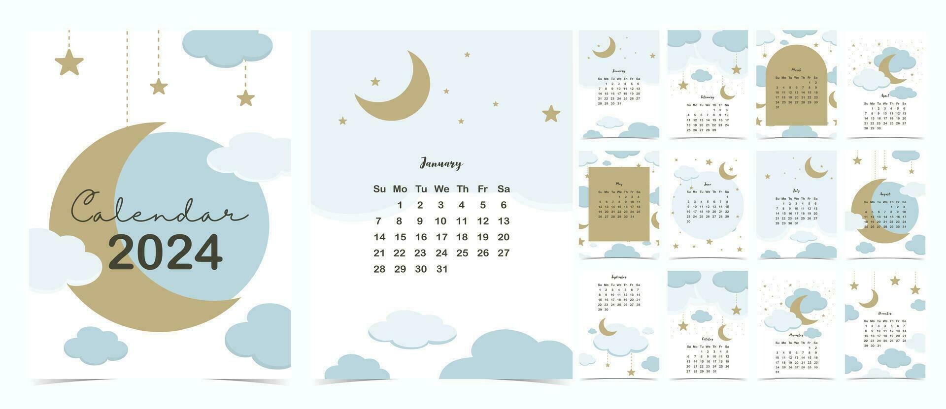 2024 table calendar week start on Sunday with moon that use for vertical digital and printable A4 A5 size vector