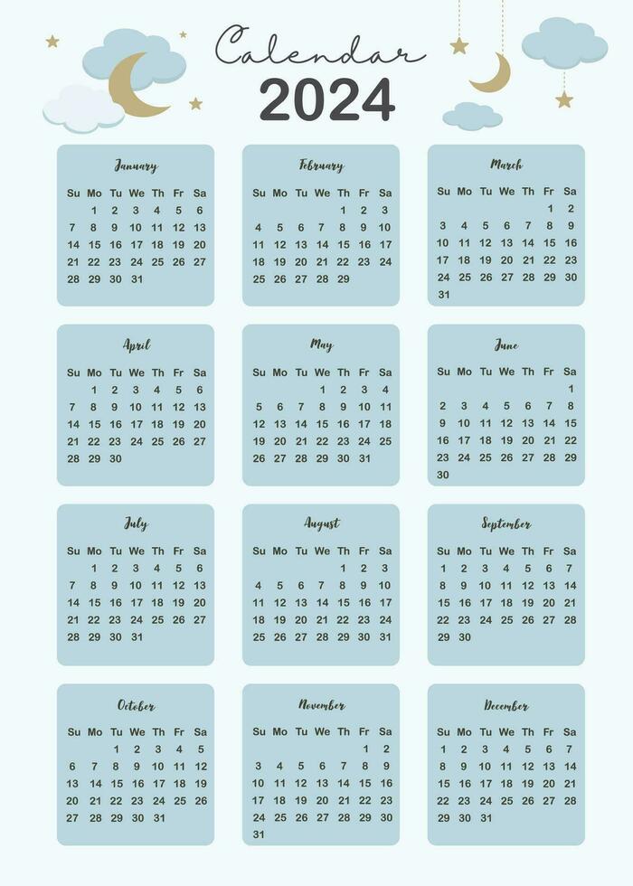 2024 table calendar week start on Sunday with moon that use for vertical digital and printable A4 A5 size vector